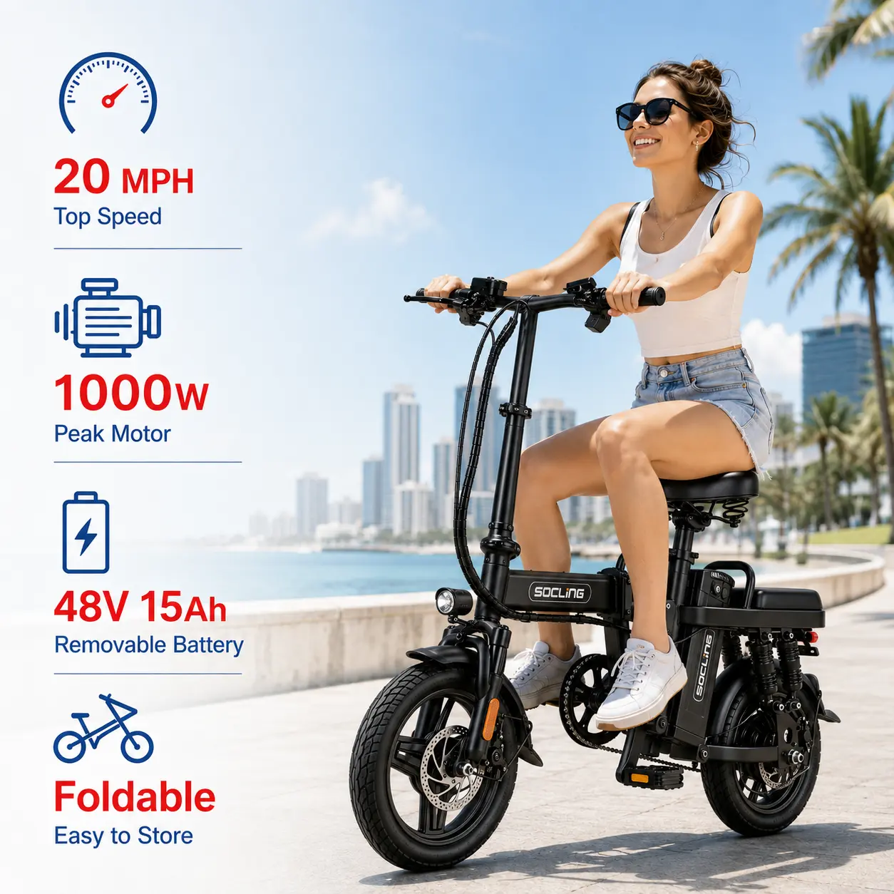 Adult 14-Inch Lightweight Folding Ebike - Outdoor Commuting, 1000W peak , 48V 15Ah Battery, Dual Suspension, Dual Disc Brakes, LCD Display, 20MPH Speed, Adjustable Seat, Ebikes long-lasting Foldable Electric Bike, Compact, E-Biking, Commuter Bicycle, Dual