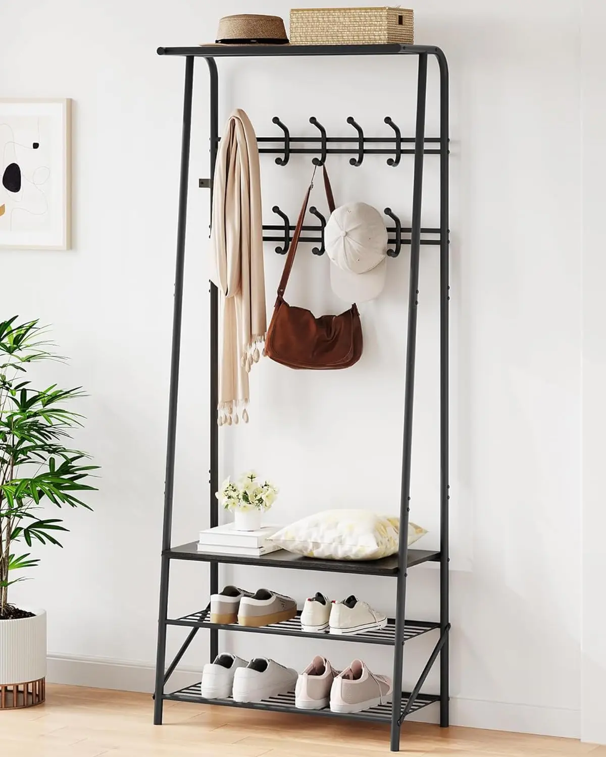 GARVEE Hall Tree with Bench and Shoe Storage, Entryway Organizer with 8 Hooks, 3-Tier Shoe Rack, Metal Frame for Hallway or Entryway