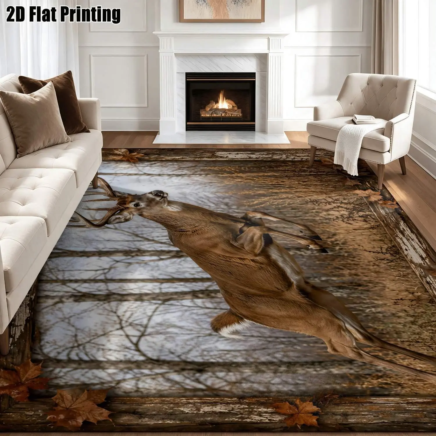 Large indoor area rug, soft velvet low pile with non-slip dotted backing, machine washable, rustic jumping deer forest pattern for living room, bedroom, cabin, autumn wildlife home decor