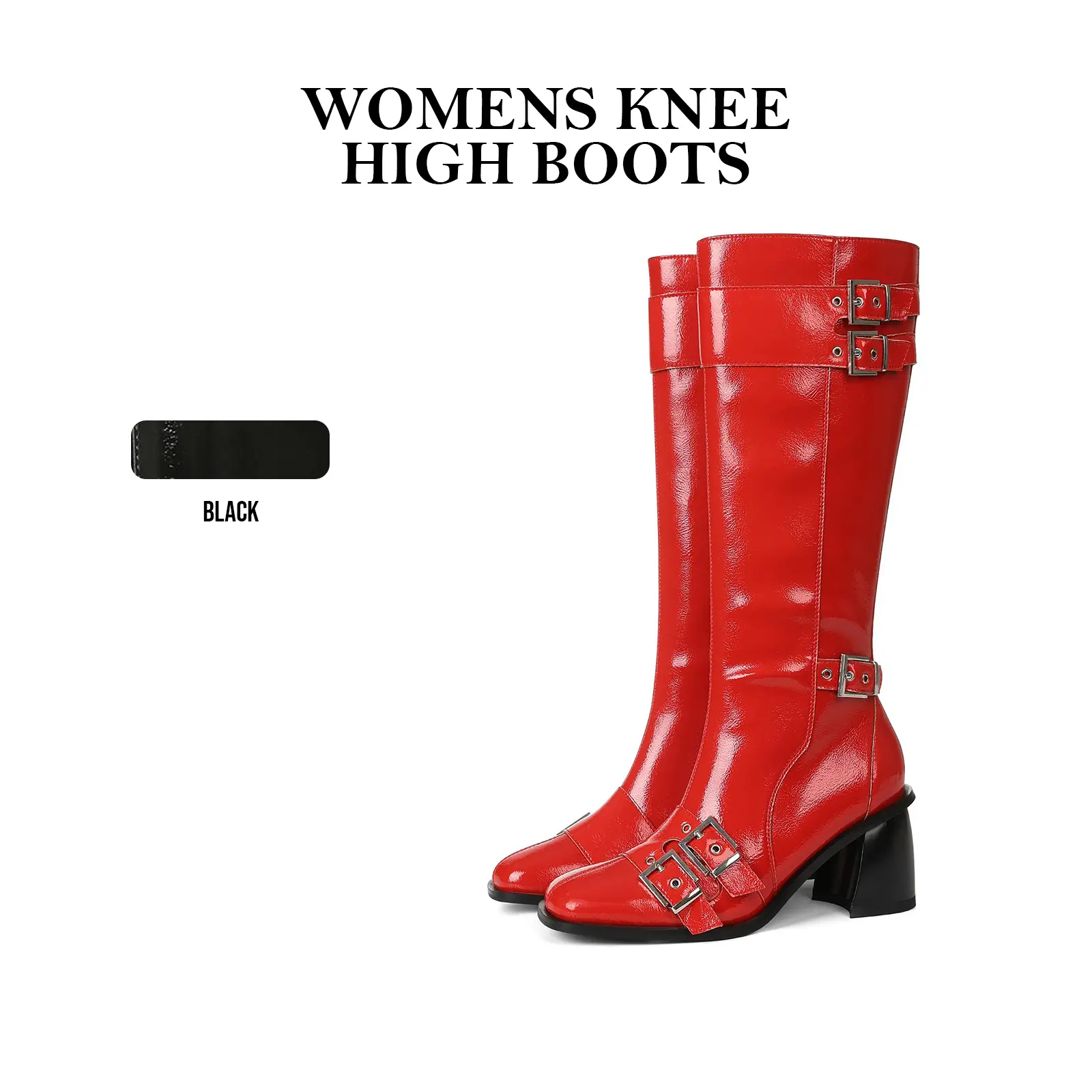 CYNLLIO Womens Knee High Boots Square Toe Chunky Block Heels Comfy Side Zipper Fashionable Multi Adjustable Buckle Design Dressy Casual Club Events Party Punk Pop Polished Finished Shiny Boot
