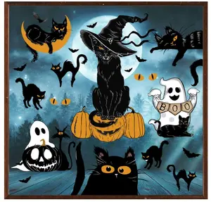 Quera Large Halloween Window Clings Scary Black Cat Window Decorations Spooky Pumpkin Window Stickers Halloween Silhouette Window Stickers for School Home Office Party Decals, Double-Side Glass Backdrop