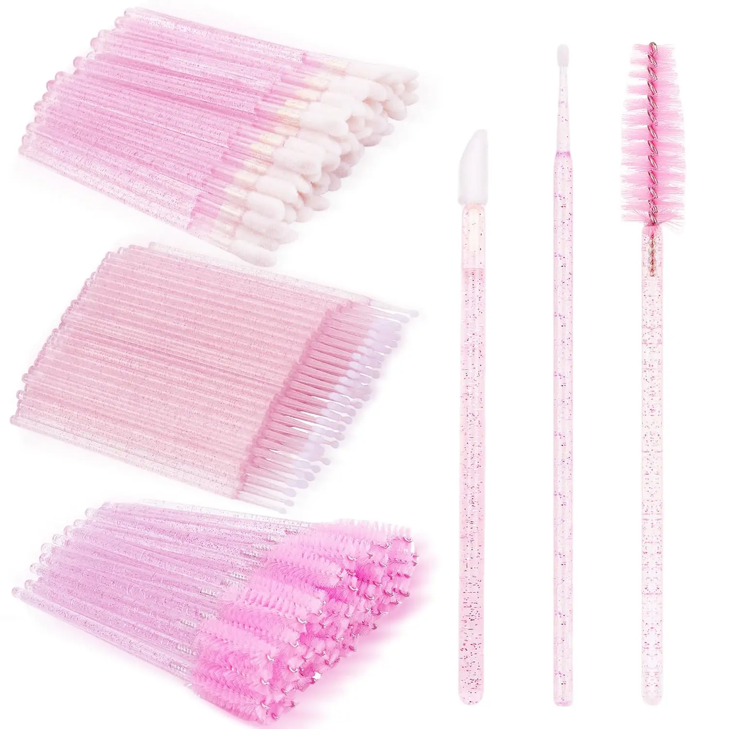 200PCS Eyelash Extension Kit, Disposable Lash Spoolies, Mascara Wands, Lip Gloss Applicators & Micro Swab Brushes, Eyebrow Brush Lash Supplies for Extensions & Brow Lamination (Crystal Pink)