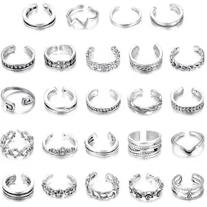 FINREZIO 24 Pcs Silvery Vintage Open Toe Rings Set for Women Men Adjustable Bohemian Stackable Toe Rings Hypoallergenic Alloy Foot Jewelry Set for Summer Beach Vacation Daily Wear Gift Giving