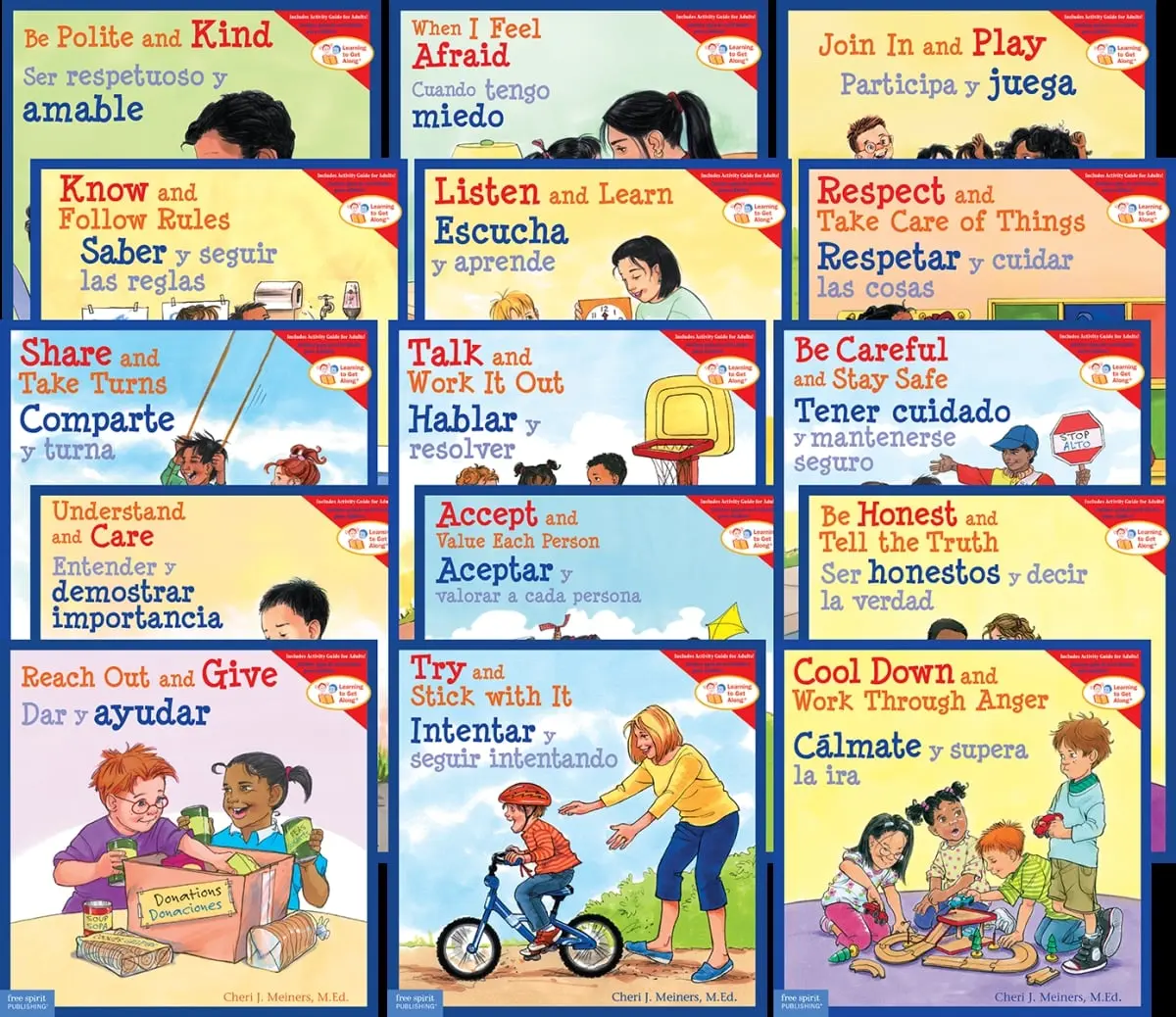 Free Spirit Publishing 685188 Learning to Get Along 15-Book Complete Set – Dual Languages Spanish Bilingual PK-3 Picture Books with Complete Text, Discussion & Activity Guides for Schools