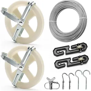 Outdoor Clothesline Pulley Kit Includes 150FT Clothes Line 2 Pulleys 2 Separator Spreaders Tightener 4 Hooks for Outdoor Clothes