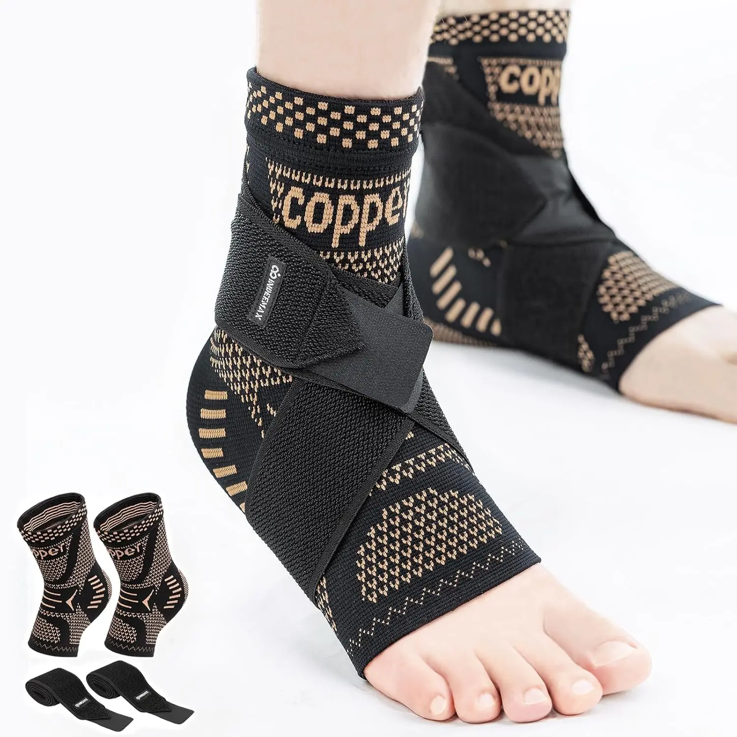 Ankle Brace for Sprained Ankle Compression Sleeve, 2 Pack Copper Infused Ankle Support Brace for Women & Men, Plantar Fasciitis Relief Achilles Tendonitis, Sports Running