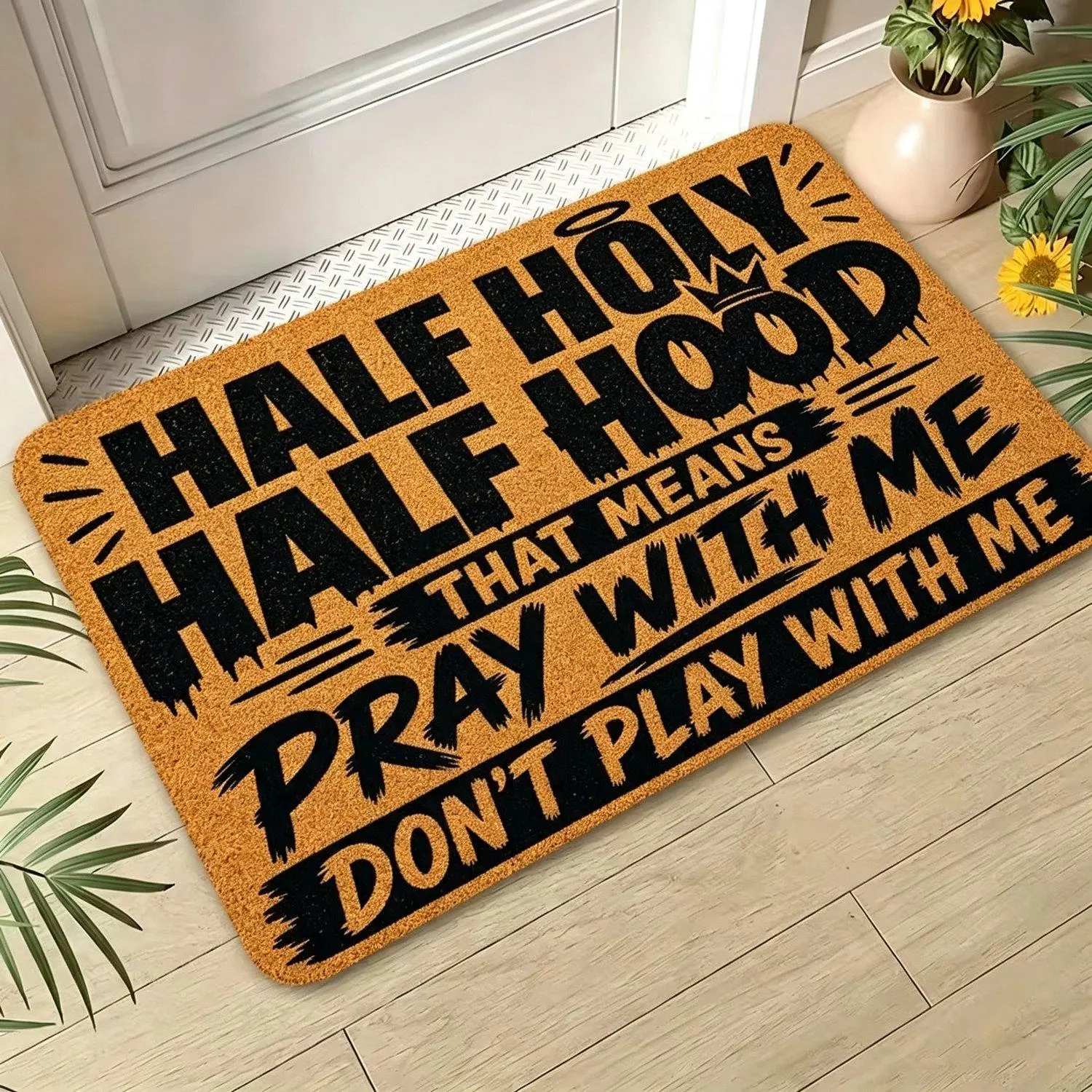 1pc "HALF HOLY HALF HOOD" Fun Entryway Doormat, Non-Slip Suitable for Home and Outdoor Decoration, Ideal for Entryways, Bedrooms, and Balconies, Gift Home Decor Accessory, 2D Flat