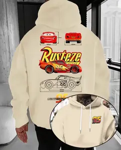 Hoodie for Men Featuring a 95 Mcqueen Cartoon Design, a Loose-Fitting Pullover with a Front Pocket