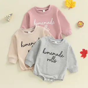 Newborn Infant Baby Boy Girl Thanksgiving Outfit Letter Embroidery Jumpsuit Crewneck Sweatshirt Bubble Romper Warm Fall Winter Clothes