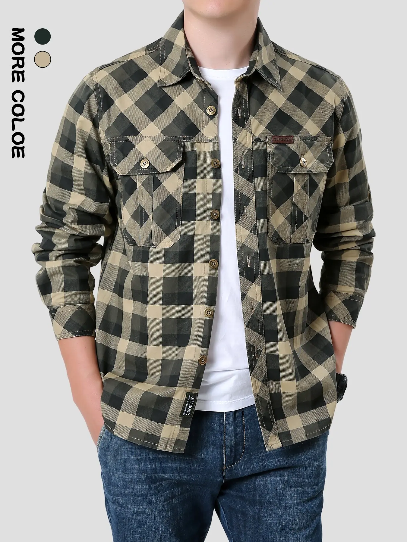 Men's Houndstooth Plaid Long Sleeve Shirt, Button Up Shirts, Checked, Casual Button Collared, Casual Fashion Lapel Collar, Spring & Fall Outdoor Wear, Water Washed Workwear Top