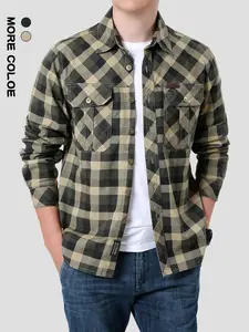 Men's Houndstooth Plaid Long Sleeve Shirt, Casual Fashion Lapel Collar, Spring & Fall Outdoor Wear, Water Washed Workwear Top