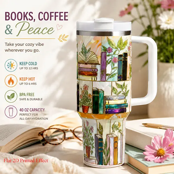 1PC 40oz Vintage Stained Glass Printed Tumbler, Stainless Steel Insulated Vacuum Flask with Handle, Double Wall, 24H Cold/12H Hot Retention, No Sweat, Cup Holder-Compatible, Fall Drinkware, Book Lover Gift, Travel Mug with Resistance to Condensation
