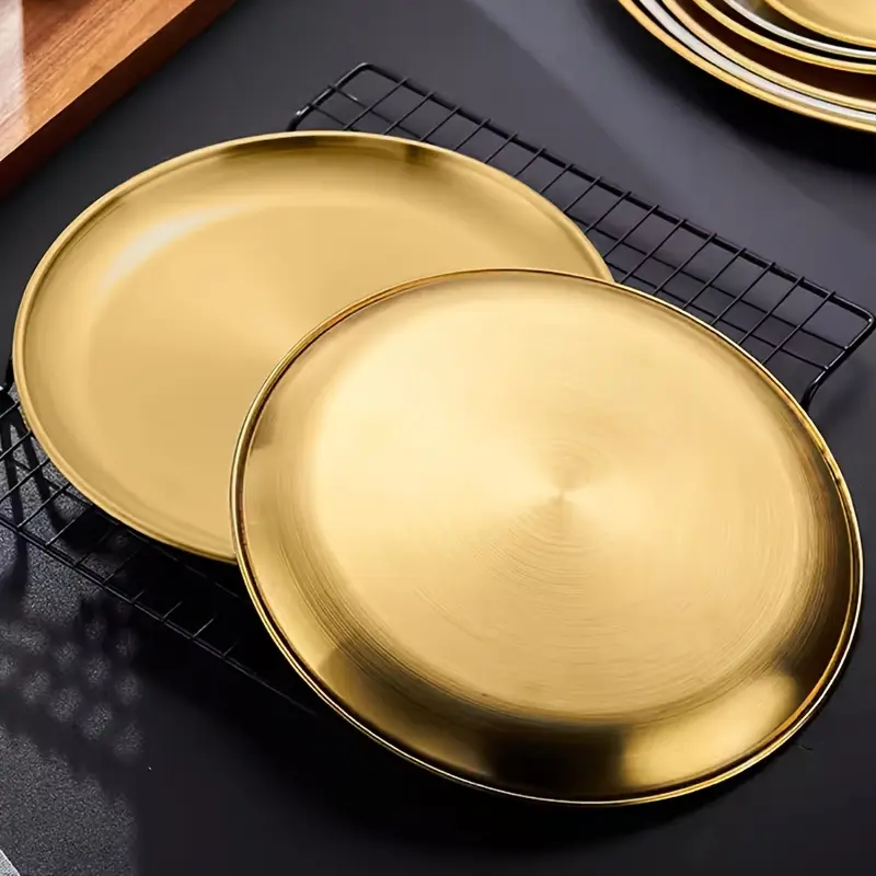 6pcs Korean Single Layer Grill Plates, Stainless Steel Salad Dishes, Reusable Easy Clean, Ideal for Steak Fruits Pastries Baking, Camping Kitchenware, Outdoor Cooking Supplies, Camping Gear and Equipment