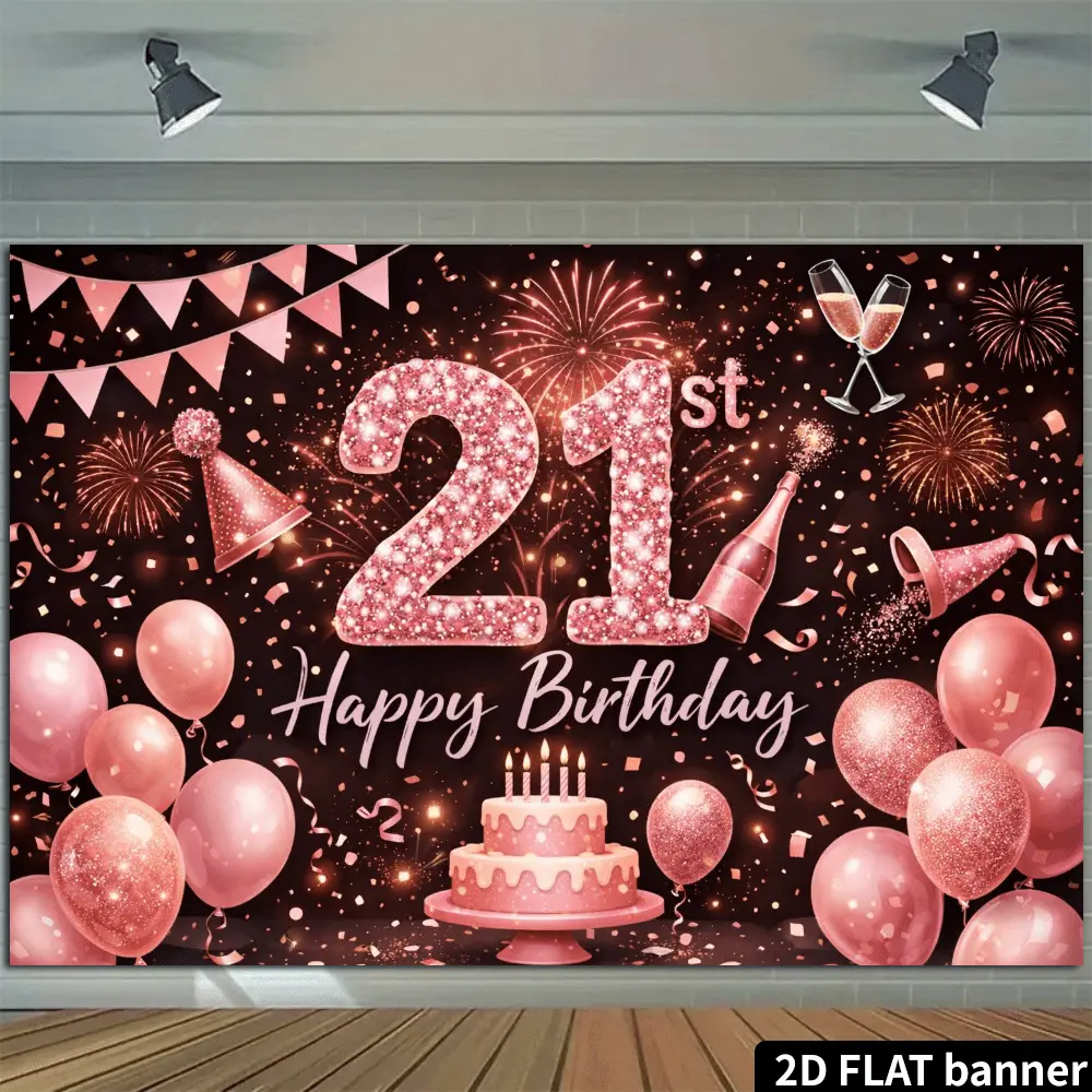 21st Birthday Decor Backdrop Flat Banner - Printed 2D Polyester Party Supply with Rose Gold 21 Number, Pink Balloons, Cake, Champagne, Golden Glitter, Confetti for Home Festive Celebrations