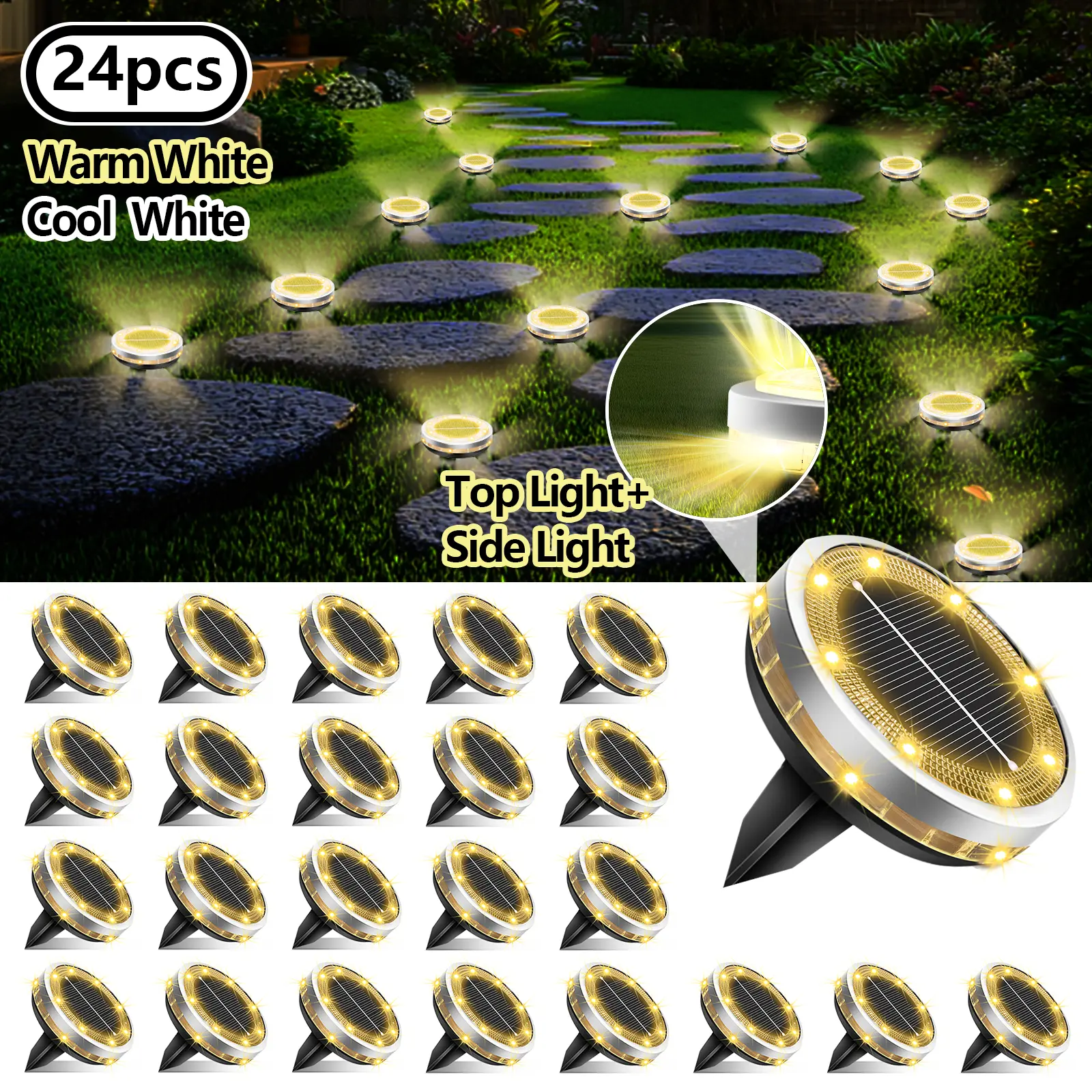 JNOEC Outdoor Solar LED Ground Lights, 12/24-Pack Stainless Steel IP65 Top & Side Cool White Dusk-to-Dawn Auto-On-Off Off-Grid Photovoltaic Outdoor Landscape Lighting for Gardening, Decks, Housewarming
