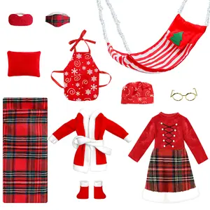 KIDDKRAYS Christmas Elf Doll Clothes Set – Santa Bathrobe, Plaid Dress, Sleeping Bag, Hammock, Apron, Boots & Accessories for Girls & Boys