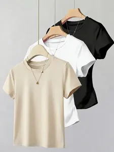 Trending Slim Fit Ruched Crew Neck Short Sleeve Top | Stretchy Soft Fabric | Casual Everyday Basic Tee for Women | Versatile for Streetwear, Date Night & Daily Outfits | Curvy Figure Flattering Crop T-Shirt | Minimalist Solid Color Fashion Essential
