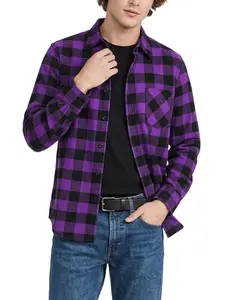 Men's Casual Plaid Flannel Long Sleeve Button Down Shirt for Menswear Checked Top in Vibrant Purple and Black - Wetsuit mens shopping