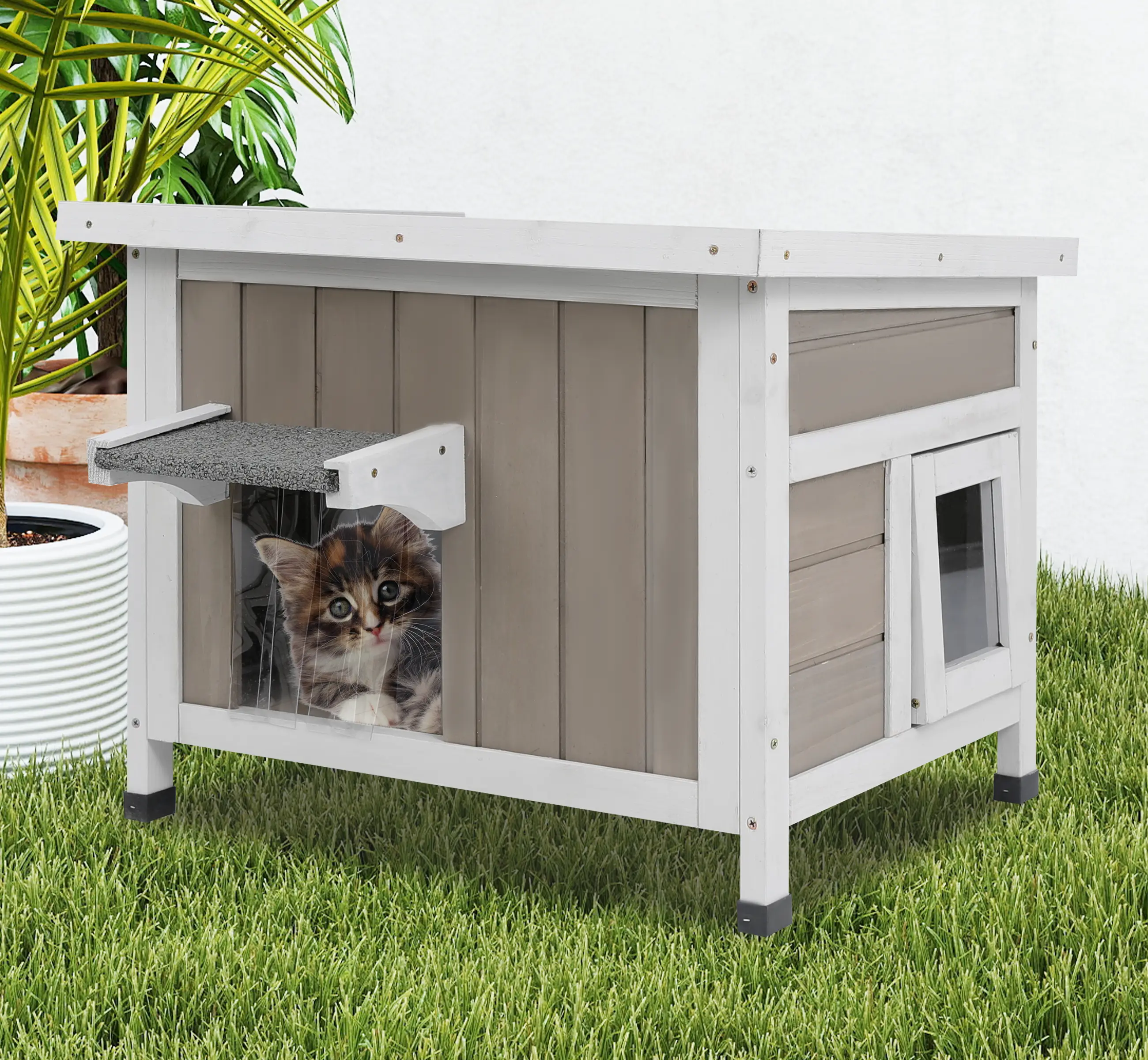 Petscosset Weatherproof Wooden Outdoor Cat House, Dual Escape Door Safe Cat Shelter with Openable Roof & Transparent Curtain, All Season Indoor & Outdoor Cat Home for Garden Balcony Backyard Living Room