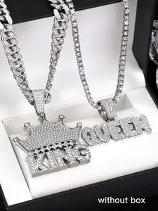4pcs/set Punk Hip Hop King & Queen Pendants, Sparkling Blingbling Cuban Link Chains, Unisex Street Style Jewelry Set, Fashion Necklace