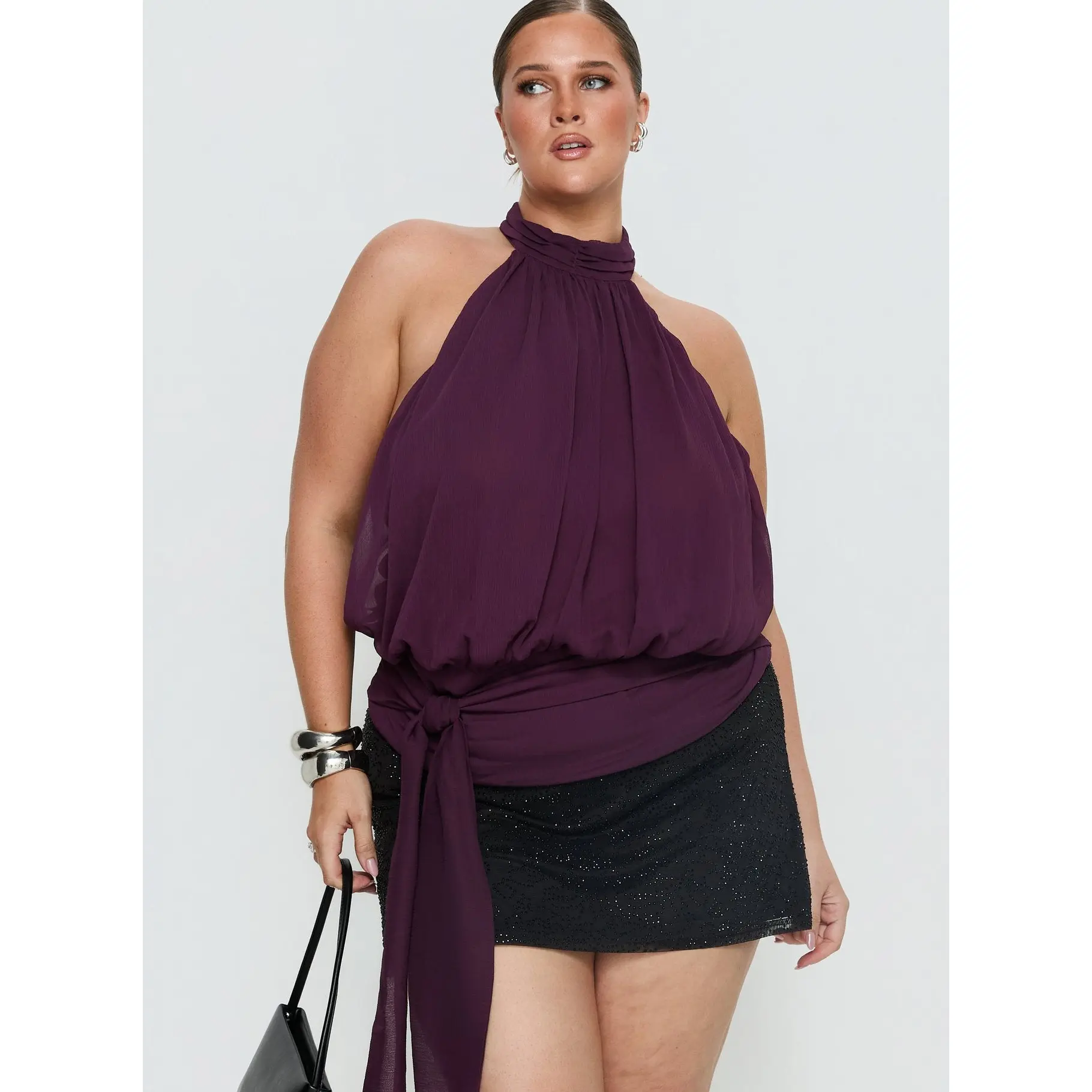 Faythe High Neck Tie Top Berry Curve