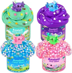 Mother's Day Gift  4 Pack Axolotl Slime Kit, Butter & Clear, Slime Party Favors for Kids with Axolotl Charms, Soft and Stretchy, Pink Blue Purple Green Slime for Girls & Boys 4-12