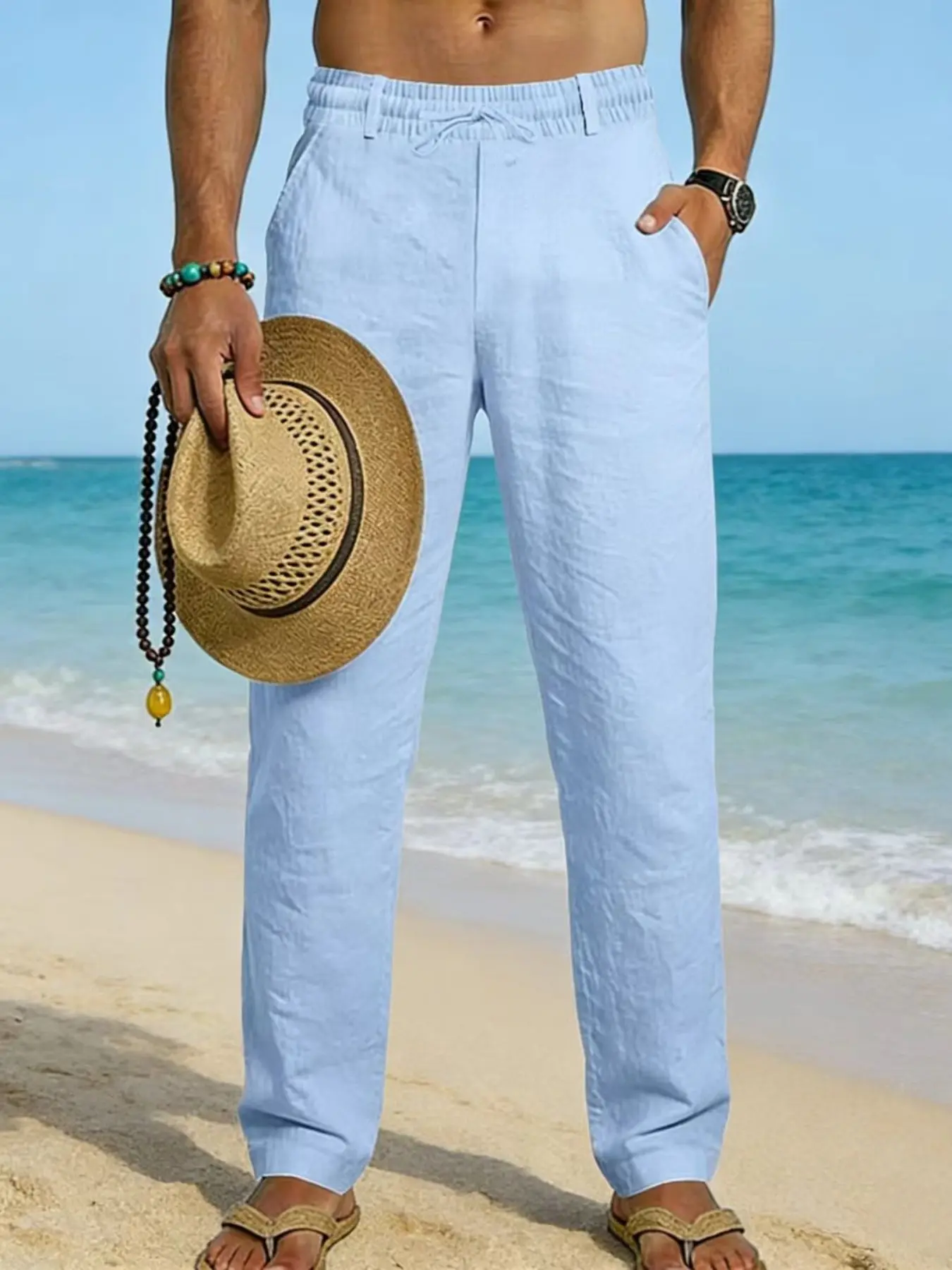 Men's All-Season British Style Linen Breathable Casual Pants, Trouser, Drawstring Trousers, Drawstring Waist Loose Fit, High Stretch Comfortable Bottoms for Spring Summer, Drawstring Waisted
