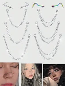 Nose Rings Chain Across Nose Piercings For Women Men Stainless Steel Nose Ring Jewelry Double Chains Corkscrew L Shaped Bar 25mm 30mm 35mm Chains Nose Studs Nose Ring Stud Double Nose Chain Piercing For Women Men