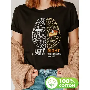Women's 190g Black Cotton Crew Neck Graphic Tee - "Left I Love Pi! Right Did Someone Say Pie?" Short Sleeve T-Shirt Featuring Stylish Brain Design Illustration - Perfect for Math and Pie Lovers, Casual Wear with Comfortable Fit