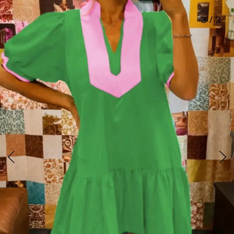 Women's Jade Green & Pink Color-Block V-Neck Puff-Sleeve Elegant Casual 1-Piece Dress - Short-Sleeve Option, Matching Accessories, Mixed-Color Casual Dresses, Color-Block Casual Dresses