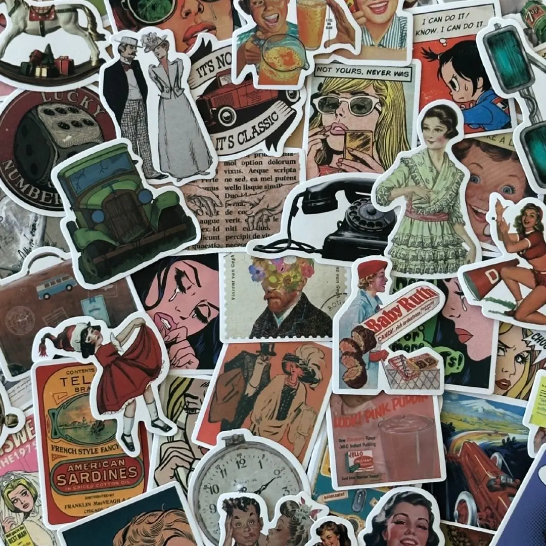 Vintage Sticker Pack for Journaling 204 Pieces Including 52 Retro Advertisements 50 Food Packaging 50 Newspaper Clippings Perfect for Junk Journals & Scrapbooking