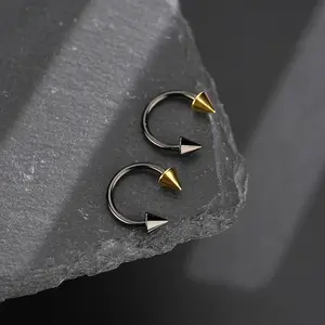 Oufer 2PCS Titanium Gold-Black Spike Ends Septum Ring Set -316L Stainless Steel