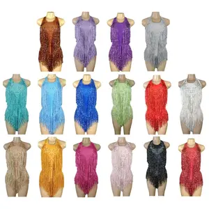 Women Latin Dance Costume Halterneck Backless Fringe Dress Sequins Tassels Dress