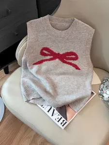 French College Style Bow Vest, Plain Sleeveless Knit Backless Fitted Top, Simple Fashion Spring Autumn Home Outdoors Layering Women's Clothing