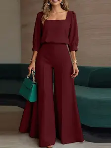 Women's Commuter Square Neck Seven-Quarter Sleeve Solid Color Top + Wide Leg Pants Two-Piece Set, Elegant, Chic, Stylish and Comfortable