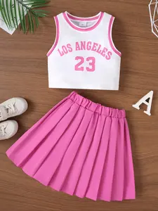 Summer Young Girls Two-Piece Cheerleader Style Round Neck Letter Print Short Sleeve Top and Solid Color Pleated Skirt Set Clothing Sets Fashion Clothes Set