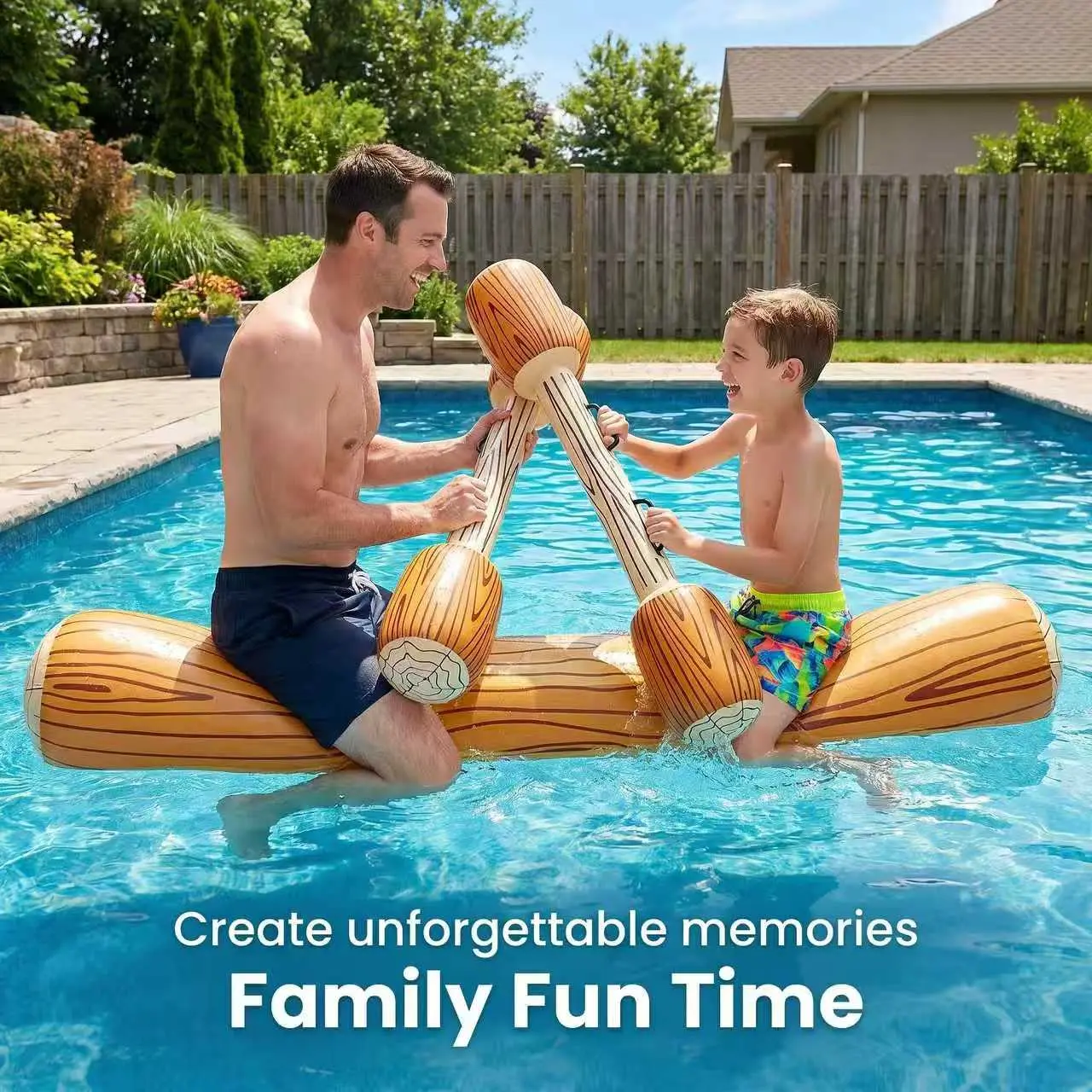 Inflatable Paddle Board Log Joust Water Toy Set, Pool Floats for Adults, Wood Grain Floating Raft & Battle Sticks, Durable PVC Pool Float for Adults Children Pool Day Friend Gatherings