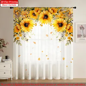 Digital Print Semi-Transparent Sunflower Pattern Curtain, Polyester Fabric, Anti-Fade, Washable, Spring Summer Home Decor, 90gsm