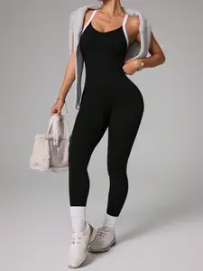 Fashion Colorblock Sporty Jumpsuit, High Stretch Tight Fit Butt Lifter, Running Yoga Jumpsuit for Women, Breathable Casual Wear, Stretchable Activewear, Sportswear Jumpsuit