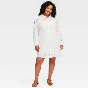 Women's Long Sleeve Eyelet Embroidered Collared Mini Shirtdress White - Roller Rabbit 3X