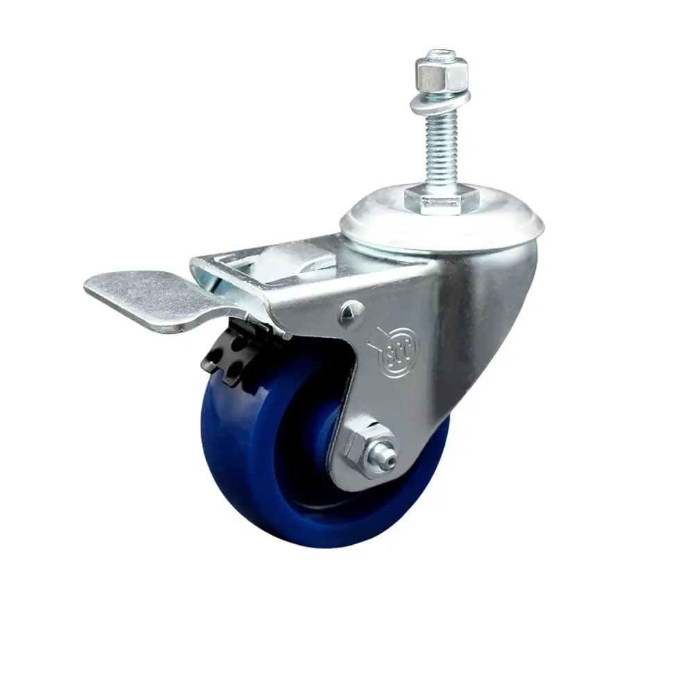 Service Caster Heavy-Duty Lockable Swivel Threaded Stem Furniture Moving Wheel, 3.5x1.25 in Blue, 0.38 in Stem, Total Locking Brake, Non-Marring Solid Polyurethane Wheels, Non-Flat Spot, Smooth Roll, 300 lbs Capacity for Carts & Equipment, Lockable Wheels