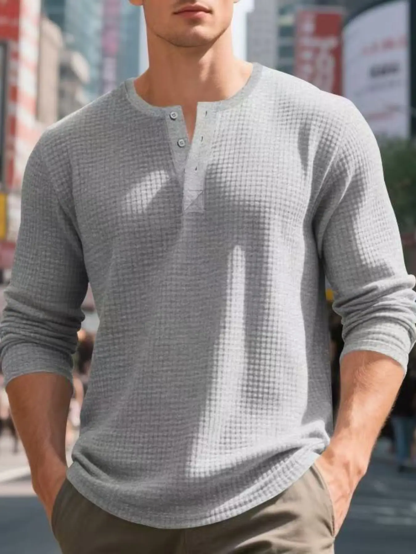 fall outfits Men's autumn and winter Waffle Textured long-sleeved Henry shirt, Breathable, skin-friendly and comfortable, simple and versatile, can be worn alone or as an inner layer, easily switching between daily casual wear and outdoor sports