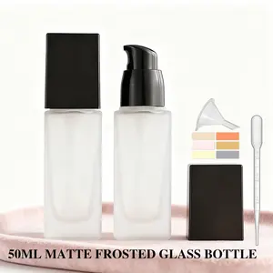 2pcs 50ML Refillable Frosting Glass Lotion Bottles, Caps, Funnel, Labels & Dropper, Light-Proof for Toner, Cream, Essential Oil