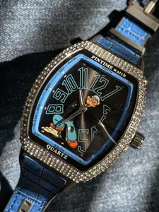 Vintage Cartoon Diamond Watch, Barrel Shape Blue Strap, Popeye Fun Dial, Unisex Hip Hop Watch, Fashion Analog Quartz Watch, Street Trend Watch