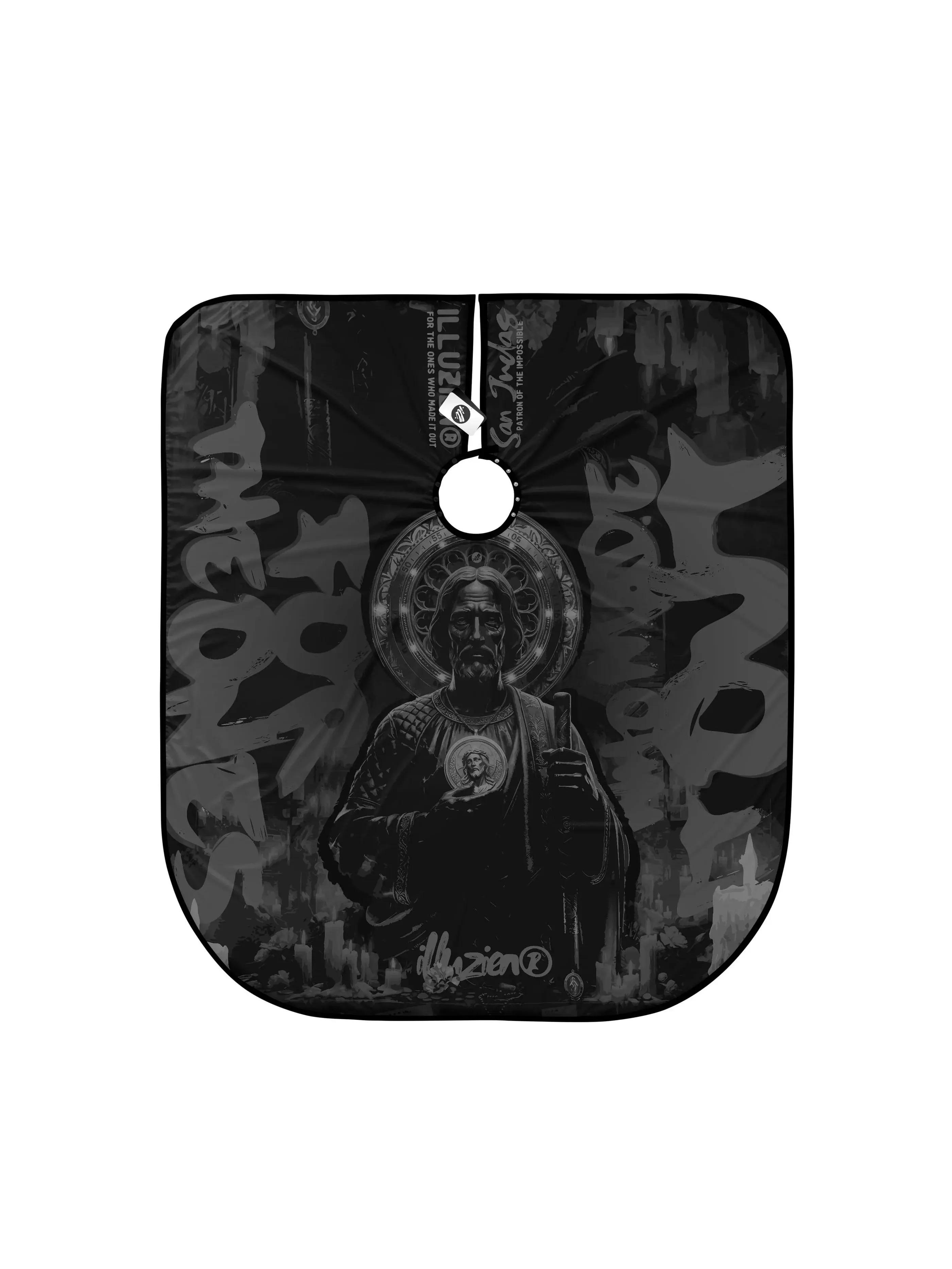 San Judas Inspired Professional Barber Cape – Black Salon Haircut Cover with Sublimated Artwork, Adjustable Snap Neckline, Breathable Hair Repellent Cutting Cape for Barbers and Stylists