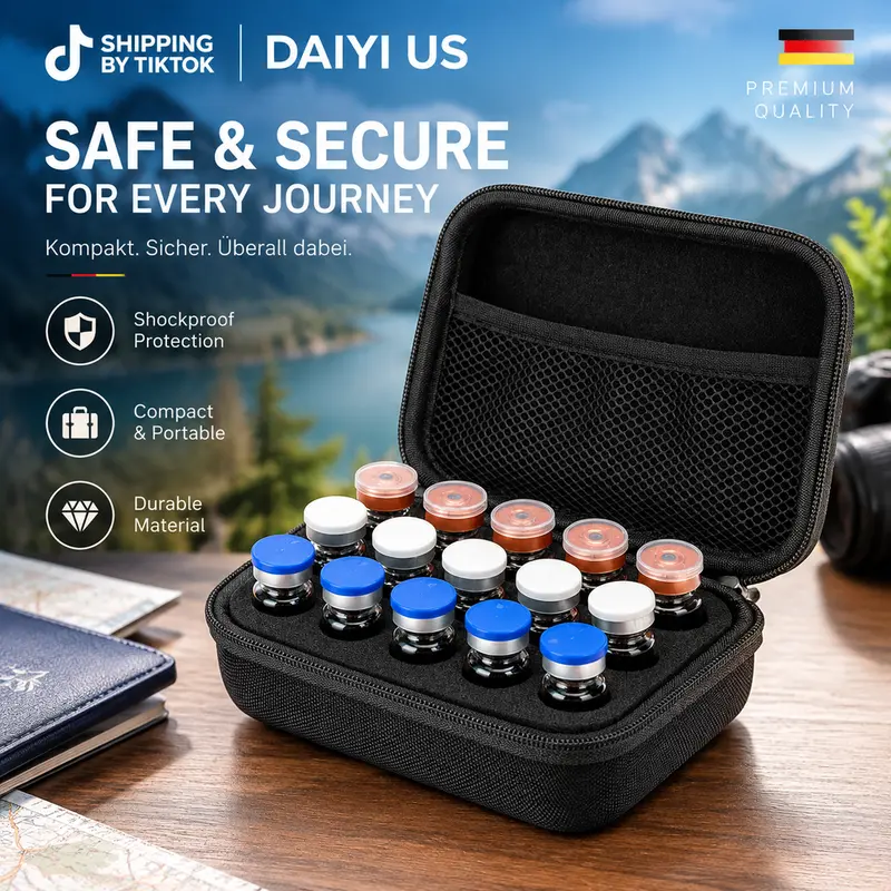 15-Slot Portable Vial Storage Case - 10ml U-100 Insulin Cooler, Foam-Cradled Safety, 1in Width, 2.25in Height, Eco-Friendly, Waterproof, Lightweight, Compartmentalized Home & Travel Organizer Refrigerator Holder