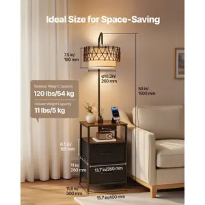 VEVOR Floor Lamp with Table, 2-Tier End Table with 2 Drawers and 3 Color Temperature LED Bulb, Modern Side Nightstand Bedside Desk with USB Type C AC Charging Port for Living Room, Bedroom, Dorm