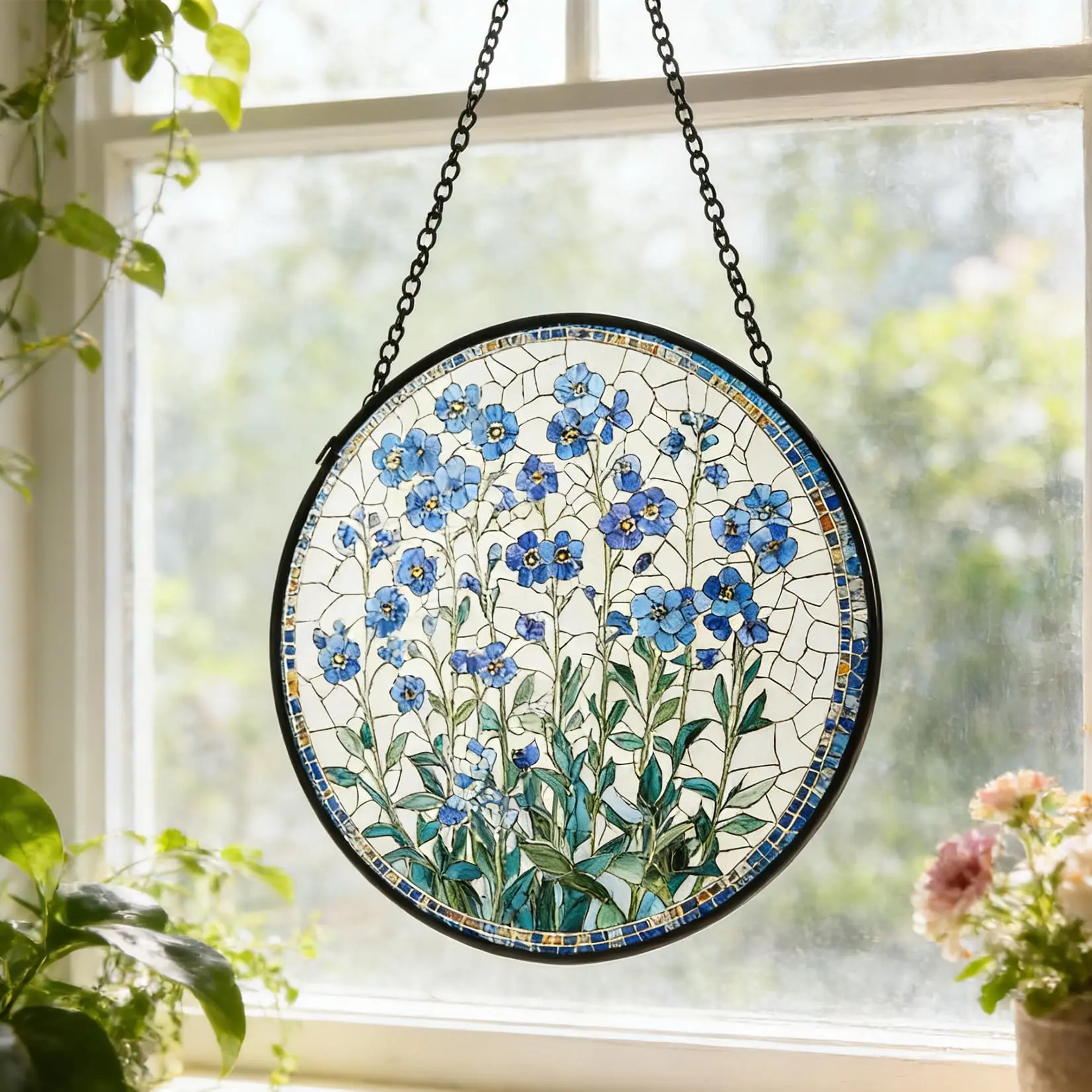 7.9" Round Stained Glass Suncatcher - Blue Forget-Me-Not Flower Hangable Light Ornament with Metal Chain, Outdoor Furniture Decor for Home, Garden Gifts