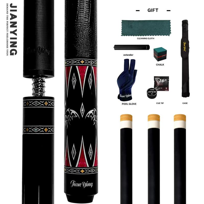 JIAN YING New carbon fiber 1/2 billiard cue Strong stability High performance Pool cue. It features a 58 inch, 11.5/12.5 millimeter cue tip. Comes with cue case + leather tip + gloves + towel + chalk+extended handle