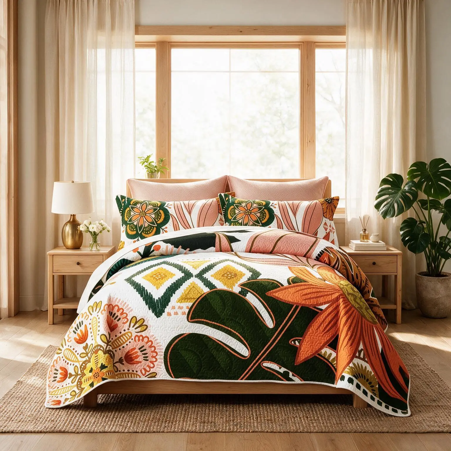 Boho-Floral Quilted Thin Quilt Set with 2 Pillow Shams, Farmhouse Mid-Century Leaf-Print Reversible Lightweight Coverlet, Upgraded Soft Skin-Friendly Fade-Resistant All-Season Bedding Home Decor,back to school,back to school shopping